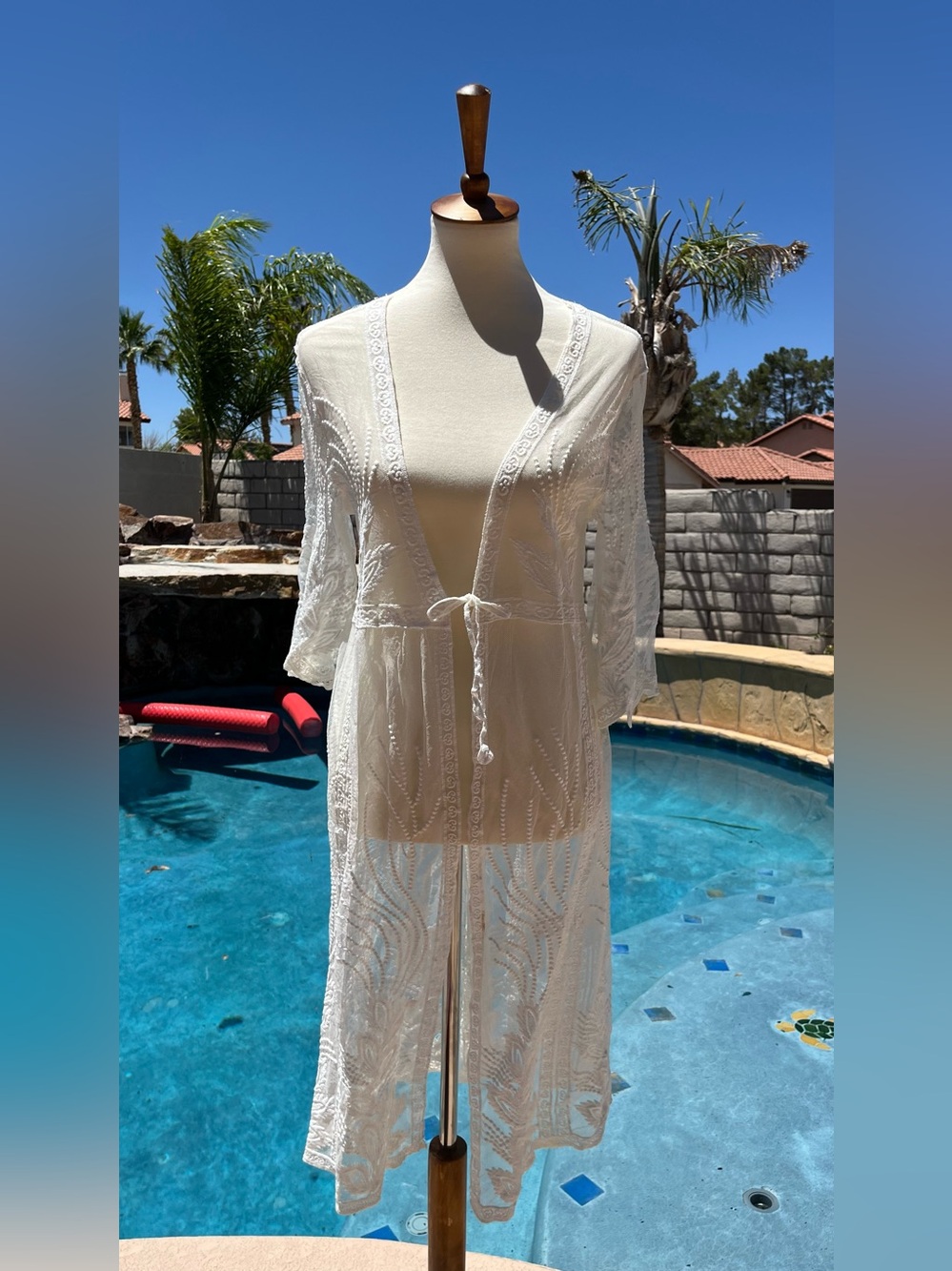 White Lace Tie-Front Swim Cover-Up Kimono